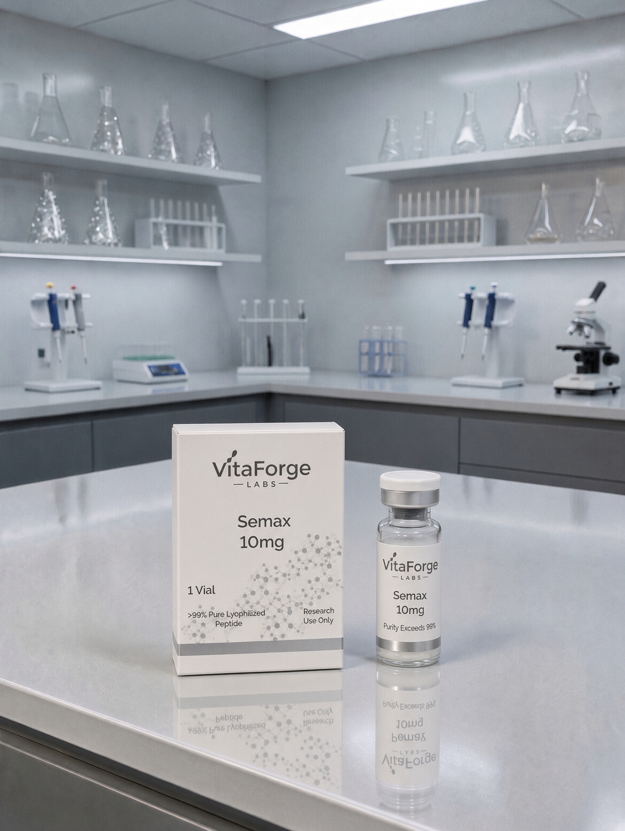 VitaForge Labs Semax 10 mg carton and standing sealed vial on a white laboratory bench