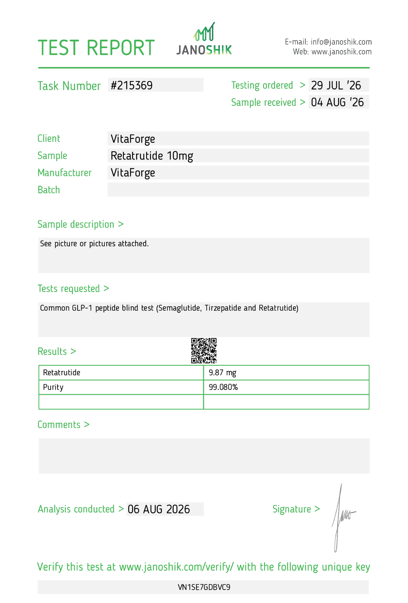 Independent laboratory test report for Retatrutide 10 mg