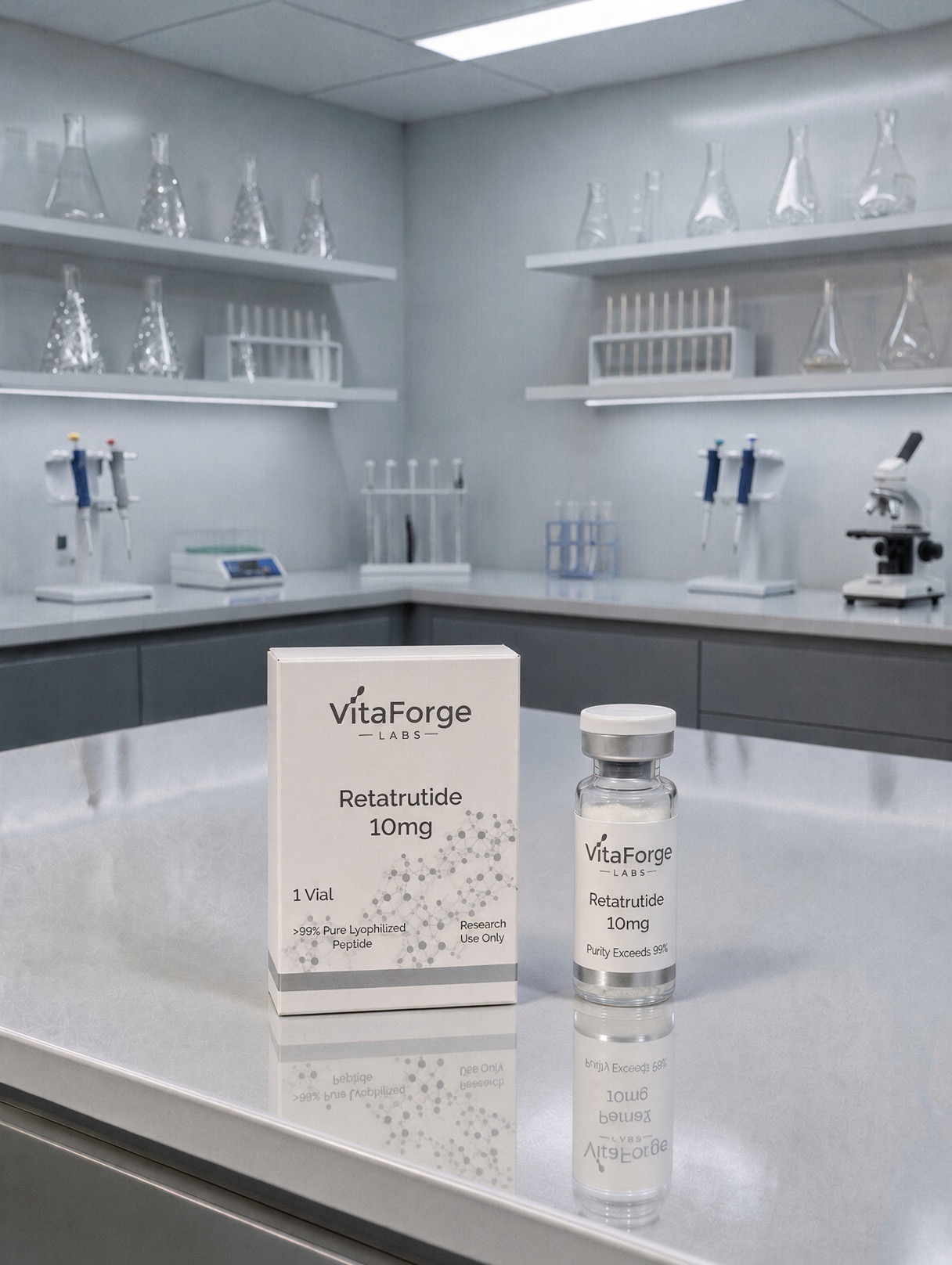 VitaForge Labs Retatrutide 10 mg carton and standing sealed vial on a white laboratory bench