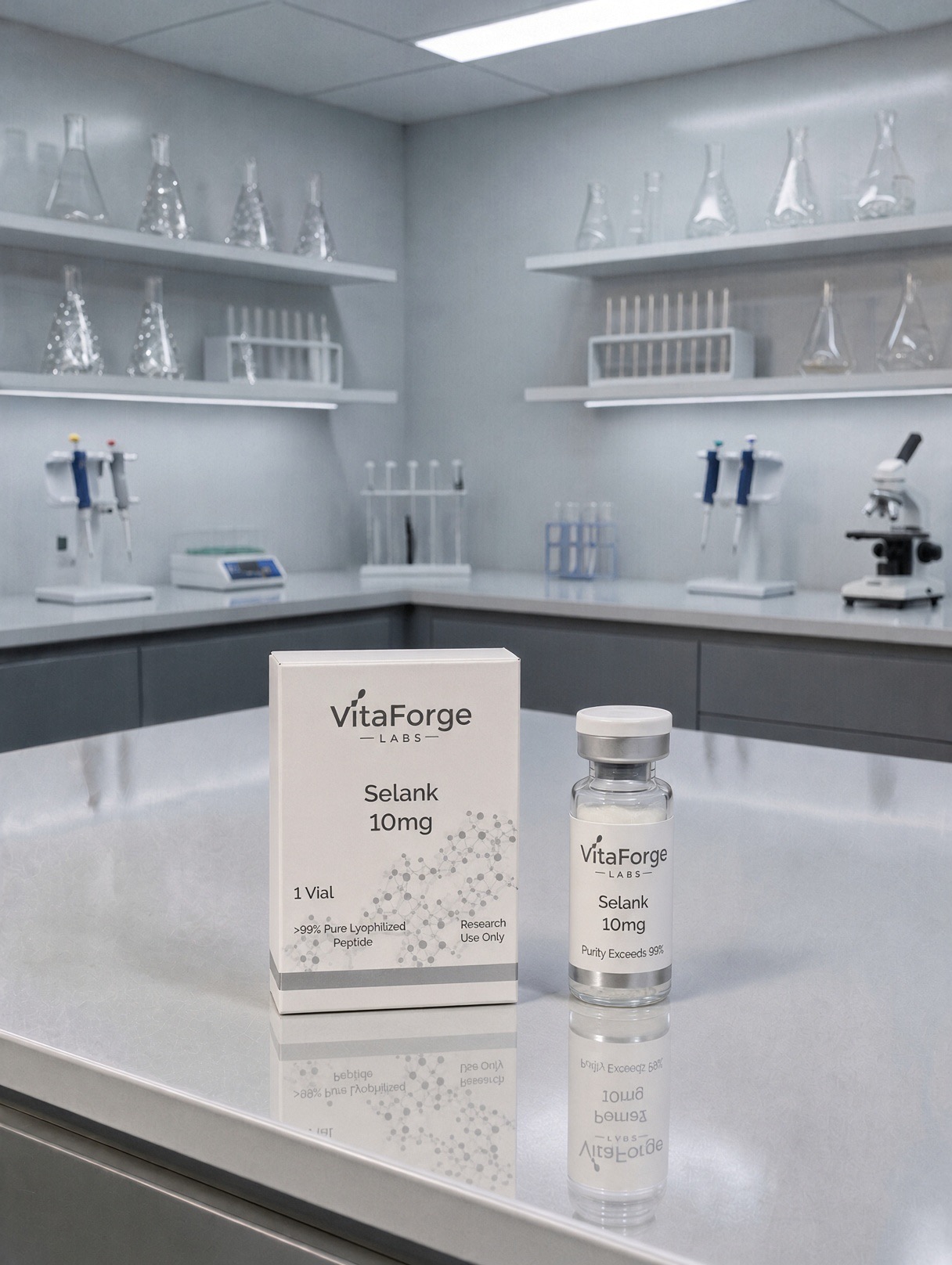 VitaForge Labs Selank 10 mg carton and standing sealed vial on a white laboratory bench