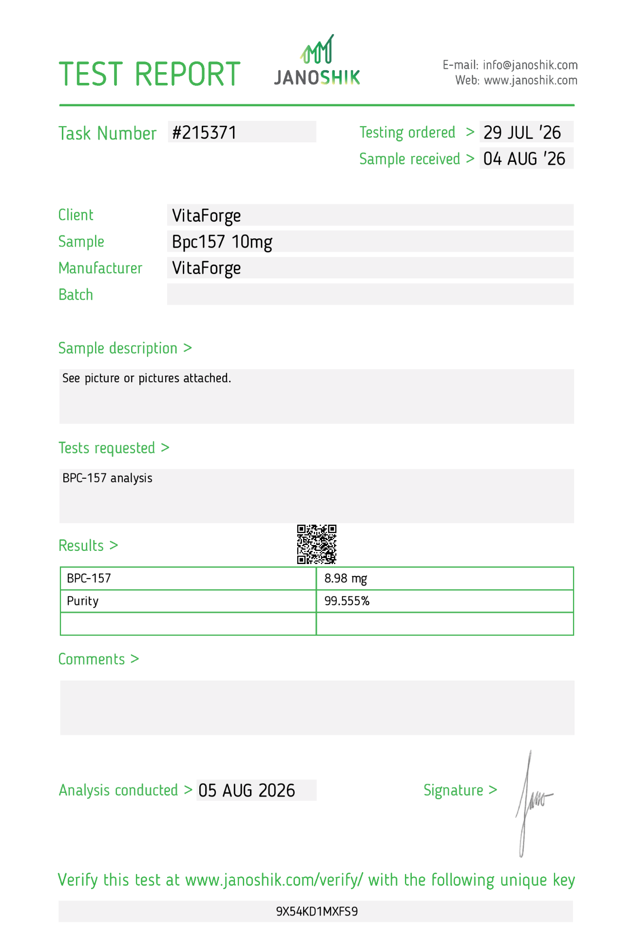 Independent laboratory test report for BPC-157 10 mg