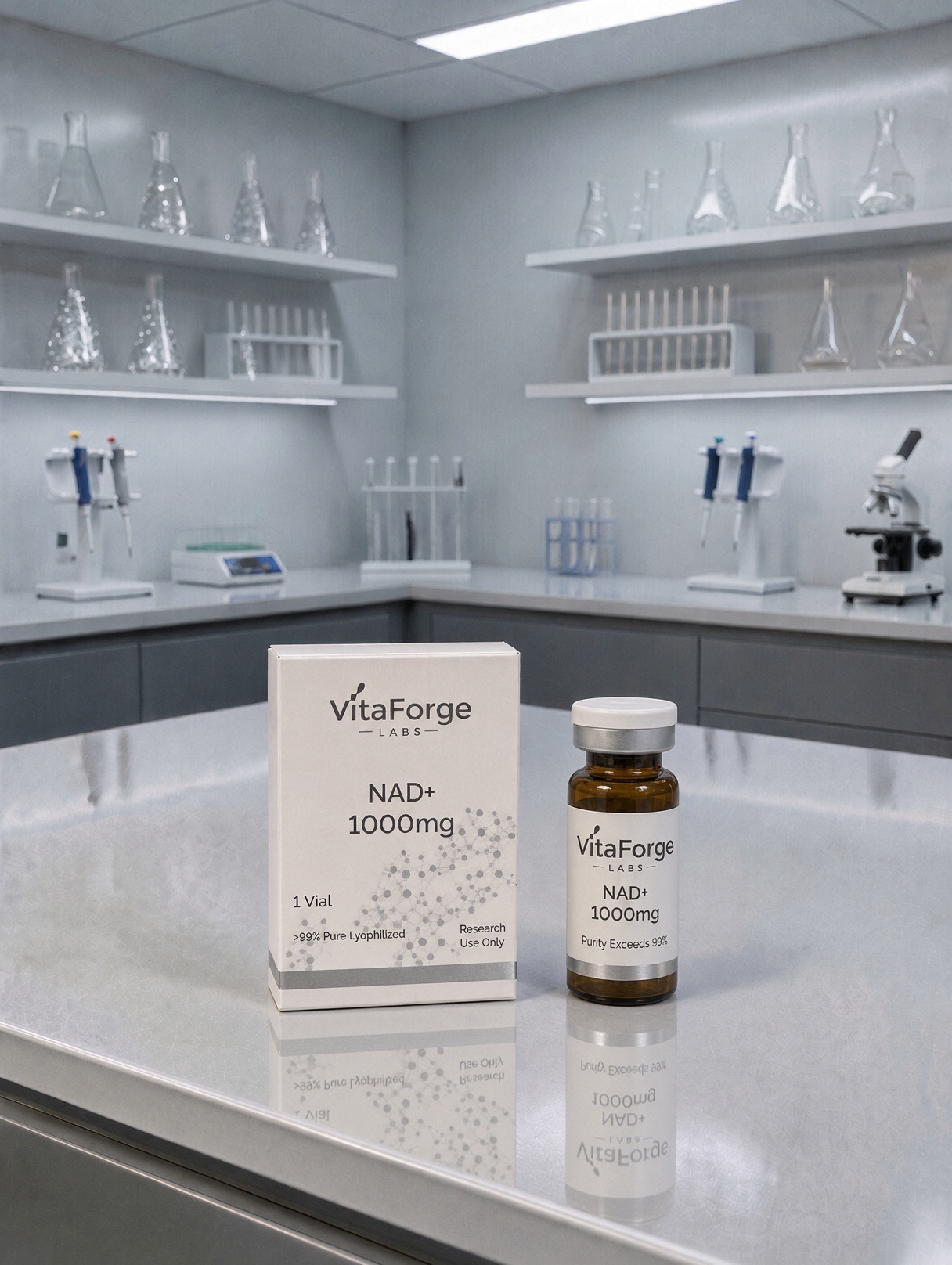 VitaForge Labs NAD+ 1000 mg carton and standing amber vial on a white laboratory bench